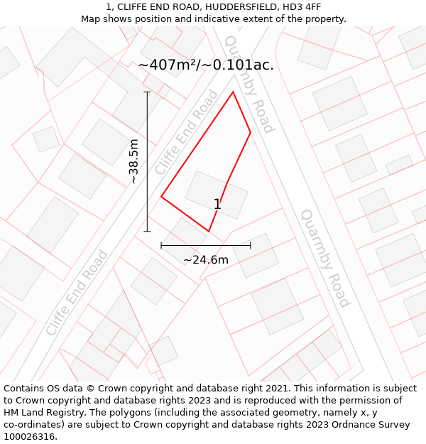 1, CLIFFE END ROAD, HUDDERSFIELD, HD3 4FF: Plot and title map