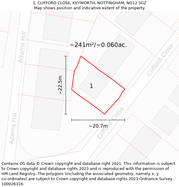 1, CLIFFORD CLOSE, KEYWORTH, NOTTINGHAM, NG12 5GZ: Plot and title map