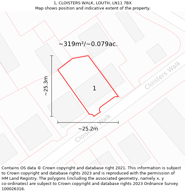 1, CLOISTERS WALK, LOUTH, LN11 7BX: Plot and title map