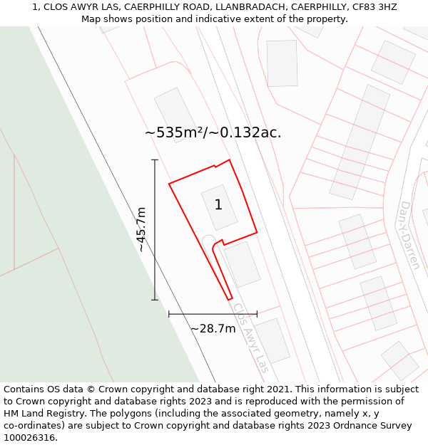 1, CLOS AWYR LAS, CAERPHILLY ROAD, LLANBRADACH, CAERPHILLY, CF83 3HZ: Plot and title map