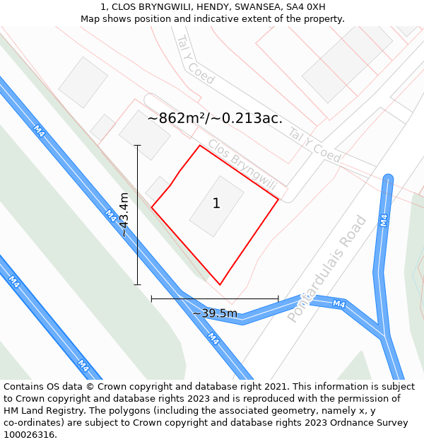 1, CLOS BRYNGWILI, HENDY, SWANSEA, SA4 0XH: Plot and title map
