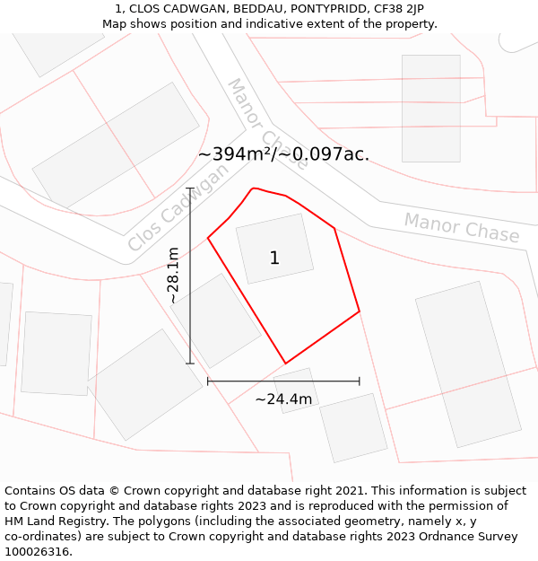 1, CLOS CADWGAN, BEDDAU, PONTYPRIDD, CF38 2JP: Plot and title map