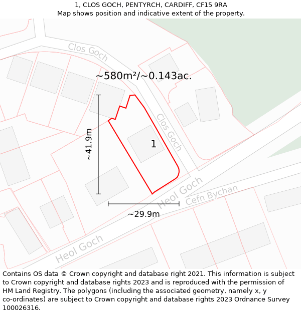 1, CLOS GOCH, PENTYRCH, CARDIFF, CF15 9RA: Plot and title map