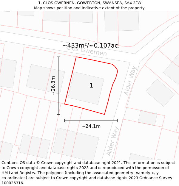 1, CLOS GWERNEN, GOWERTON, SWANSEA, SA4 3FW: Plot and title map