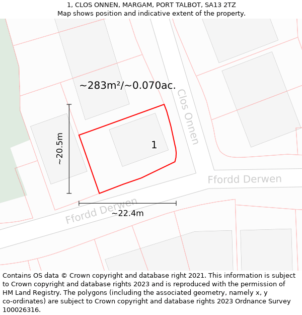 1, CLOS ONNEN, MARGAM, PORT TALBOT, SA13 2TZ: Plot and title map