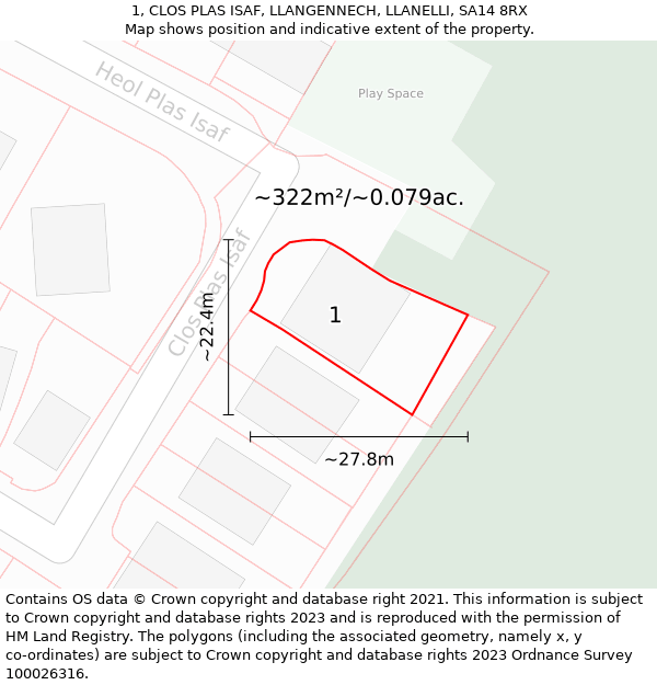 1, CLOS PLAS ISAF, LLANGENNECH, LLANELLI, SA14 8RX: Plot and title map