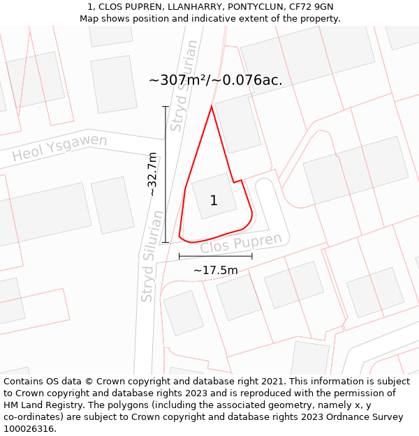 1, CLOS PUPREN, LLANHARRY, PONTYCLUN, CF72 9GN: Plot and title map