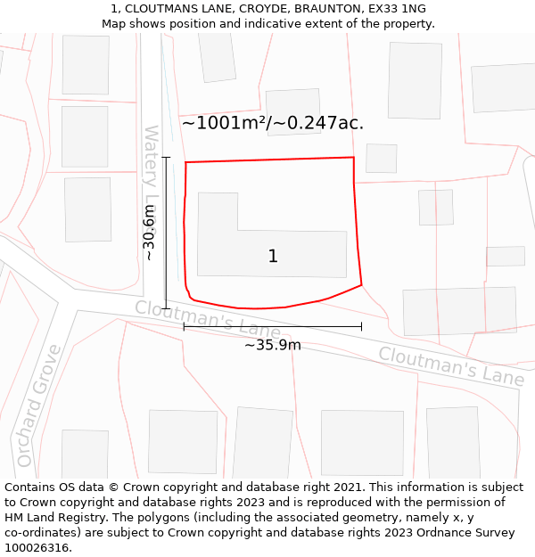 1, CLOUTMANS LANE, CROYDE, BRAUNTON, EX33 1NG: Plot and title map