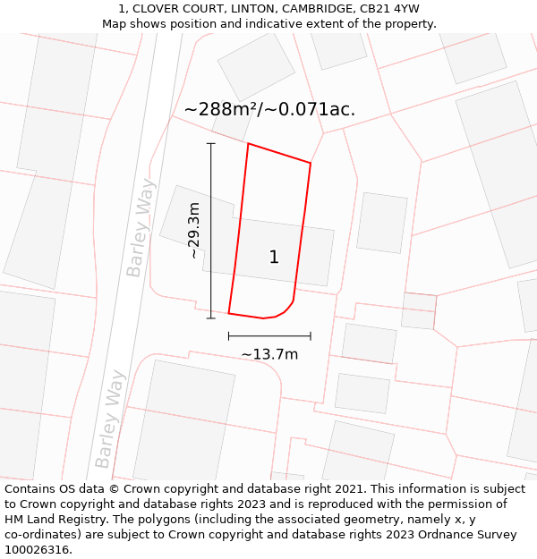 1, CLOVER COURT, LINTON, CAMBRIDGE, CB21 4YW: Plot and title map