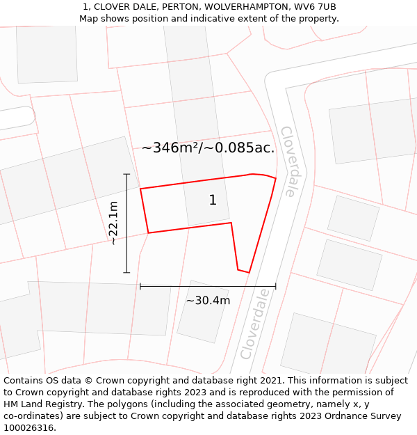 1, CLOVER DALE, PERTON, WOLVERHAMPTON, WV6 7UB: Plot and title map