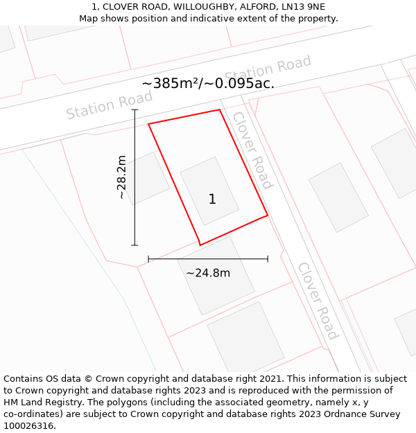 1, CLOVER ROAD, WILLOUGHBY, ALFORD, LN13 9NE: Plot and title map