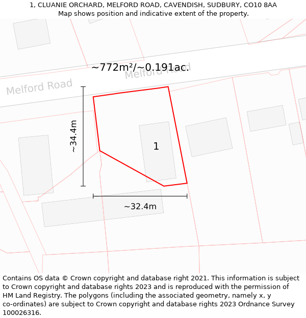 1, CLUANIE ORCHARD, MELFORD ROAD, CAVENDISH, SUDBURY, CO10 8AA: Plot and title map