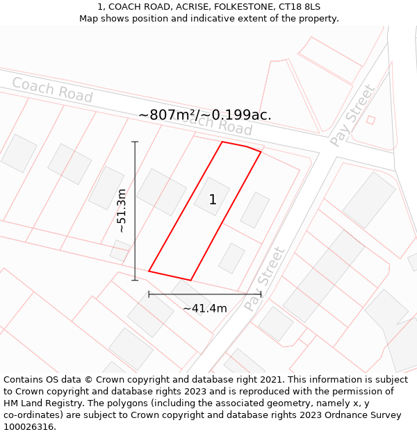 1, COACH ROAD, ACRISE, FOLKESTONE, CT18 8LS: Plot and title map