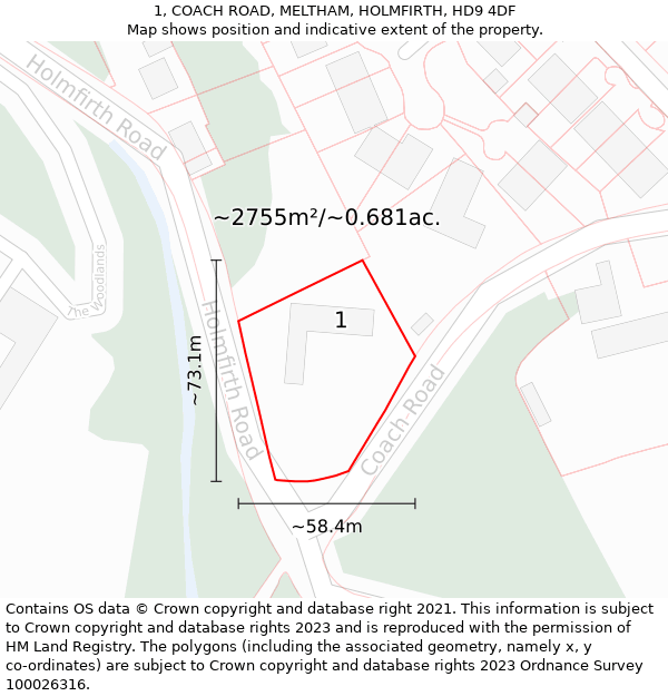 1, COACH ROAD, MELTHAM, HOLMFIRTH, HD9 4DF: Plot and title map