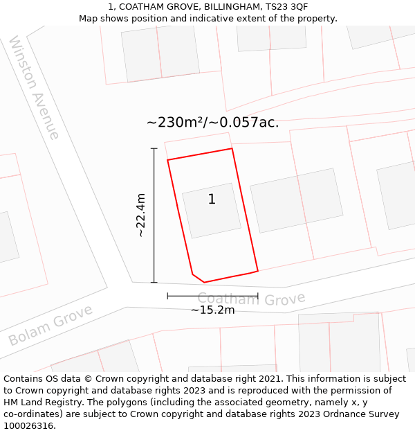 1, COATHAM GROVE, BILLINGHAM, TS23 3QF: Plot and title map