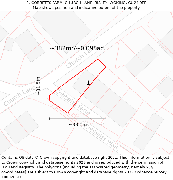 1, COBBETTS FARM, CHURCH LANE, BISLEY, WOKING, GU24 9EB: Plot and title map