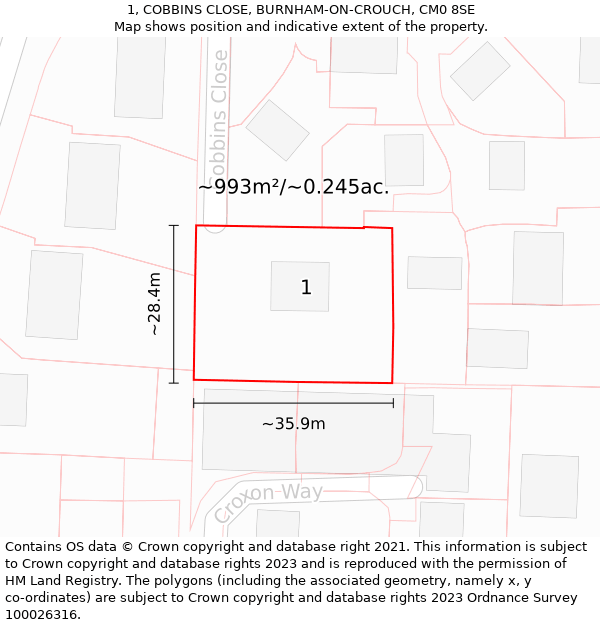 1, COBBINS CLOSE, BURNHAM-ON-CROUCH, CM0 8SE: Plot and title map