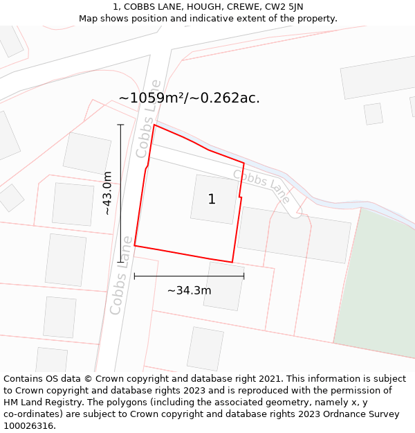 1, COBBS LANE, HOUGH, CREWE, CW2 5JN: Plot and title map