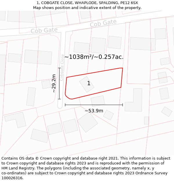 1, COBGATE CLOSE, WHAPLODE, SPALDING, PE12 6SX: Plot and title map