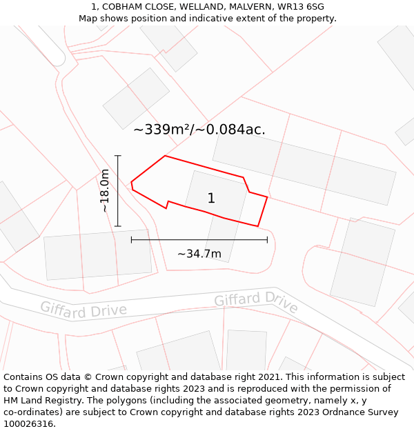 1, COBHAM CLOSE, WELLAND, MALVERN, WR13 6SG: Plot and title map