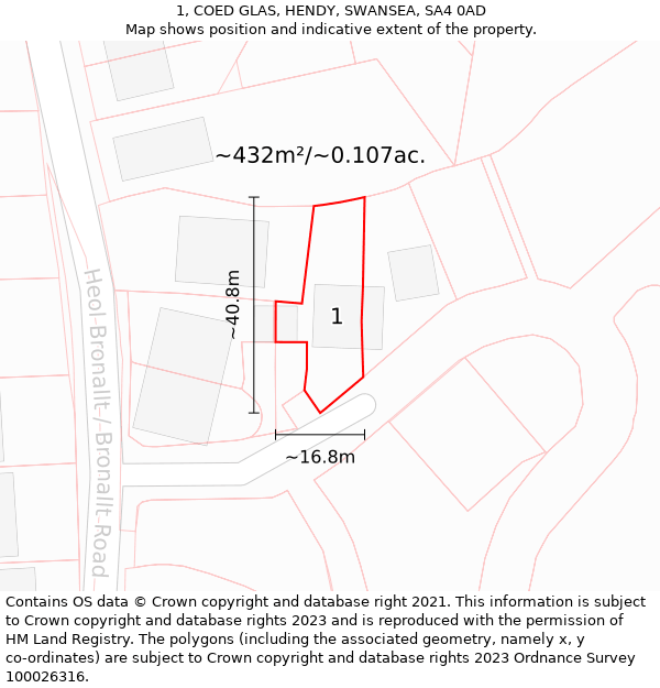 1, COED GLAS, HENDY, SWANSEA, SA4 0AD: Plot and title map