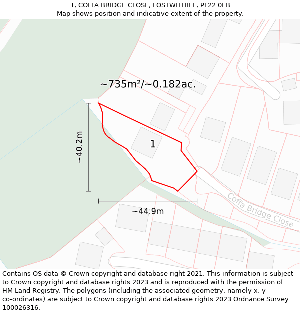 1, COFFA BRIDGE CLOSE, LOSTWITHIEL, PL22 0EB: Plot and title map