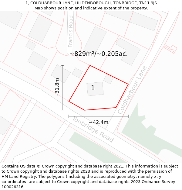 1, COLDHARBOUR LANE, HILDENBOROUGH, TONBRIDGE, TN11 9JS: Plot and title map