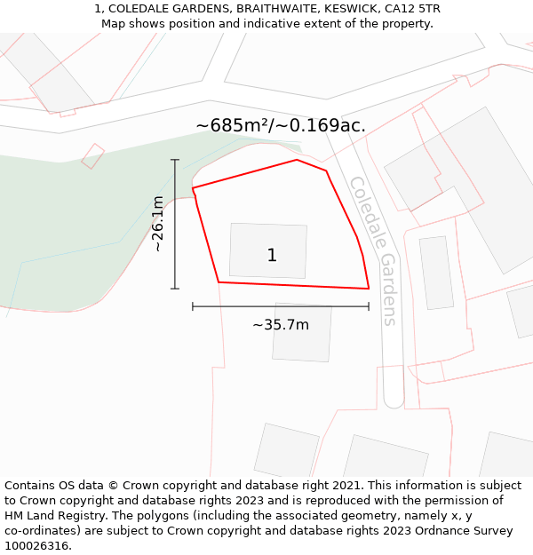 1, COLEDALE GARDENS, BRAITHWAITE, KESWICK, CA12 5TR: Plot and title map