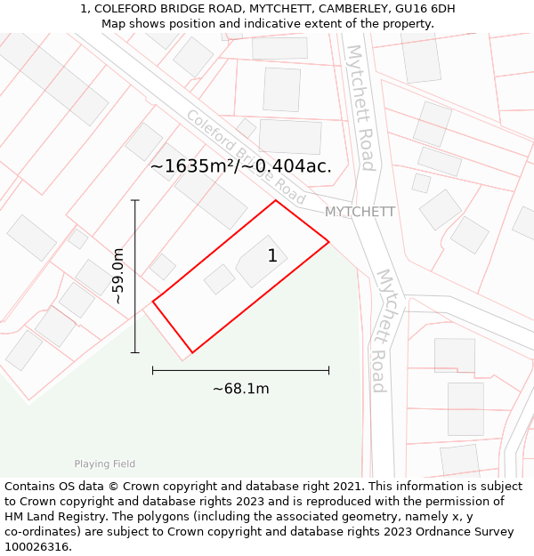 1, COLEFORD BRIDGE ROAD, MYTCHETT, CAMBERLEY, GU16 6DH: Plot and title map