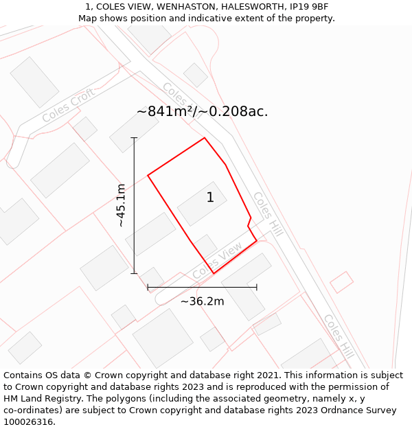 1, COLES VIEW, WENHASTON, HALESWORTH, IP19 9BF: Plot and title map