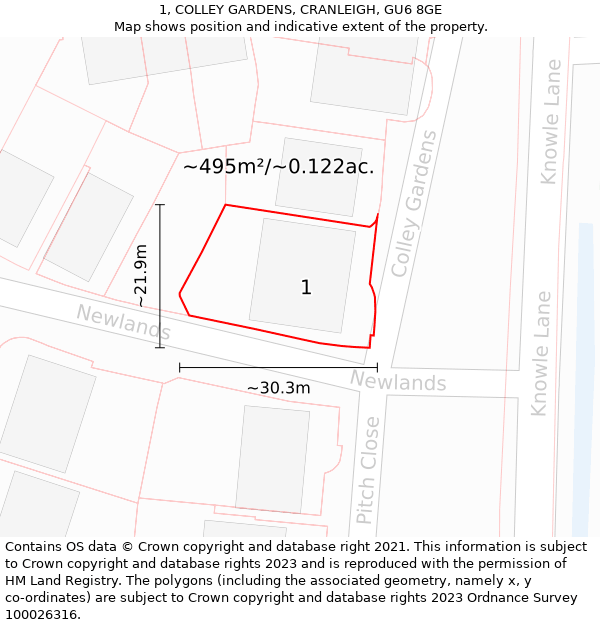 1, COLLEY GARDENS, CRANLEIGH, GU6 8GE: Plot and title map