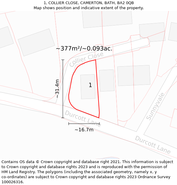 1, COLLIER CLOSE, CAMERTON, BATH, BA2 0QB: Plot and title map