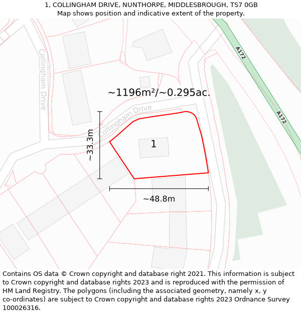 1, COLLINGHAM DRIVE, NUNTHORPE, MIDDLESBROUGH, TS7 0GB: Plot and title map