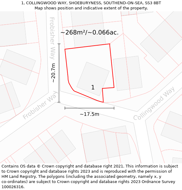 1, COLLINGWOOD WAY, SHOEBURYNESS, SOUTHEND-ON-SEA, SS3 8BT: Plot and title map