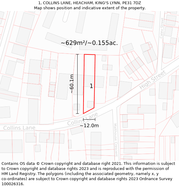 1, COLLINS LANE, HEACHAM, KING'S LYNN, PE31 7DZ: Plot and title map