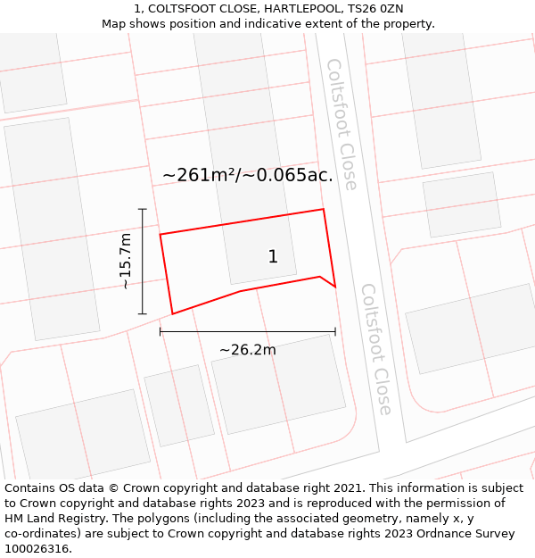 1, COLTSFOOT CLOSE, HARTLEPOOL, TS26 0ZN: Plot and title map