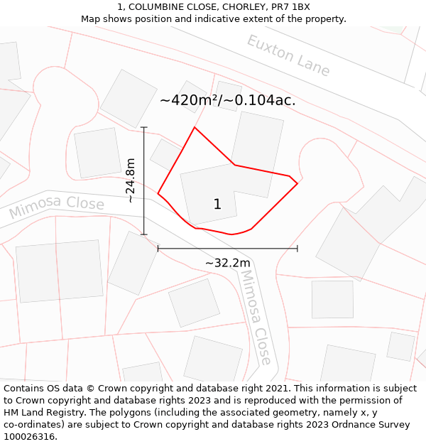 1, COLUMBINE CLOSE, CHORLEY, PR7 1BX: Plot and title map