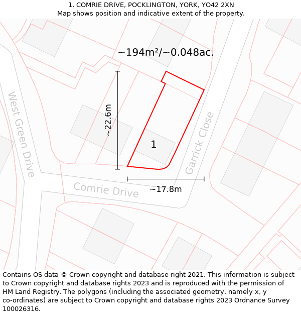 1, COMRIE DRIVE, POCKLINGTON, YORK, YO42 2XN: Plot and title map