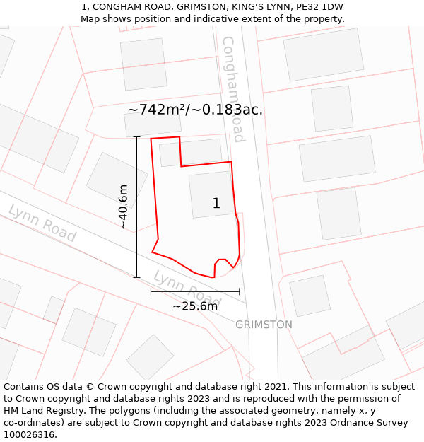 1, CONGHAM ROAD, GRIMSTON, KING'S LYNN, PE32 1DW: Plot and title map