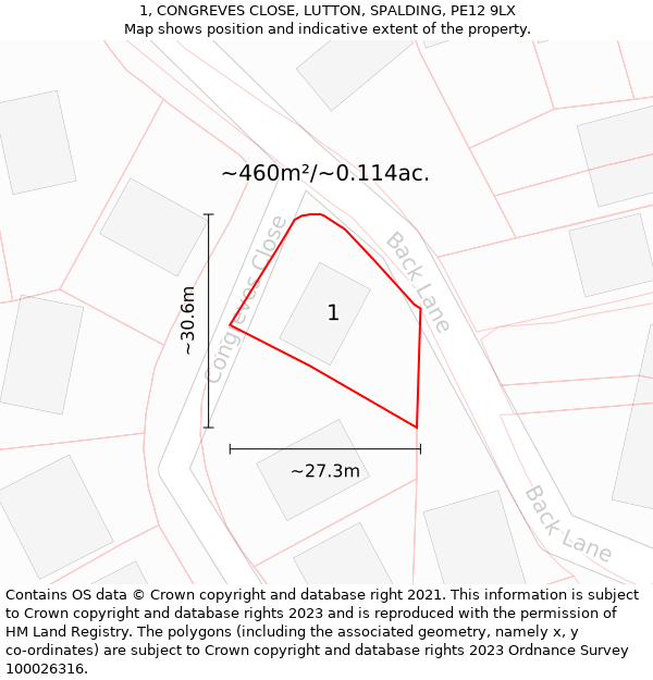 1, CONGREVES CLOSE, LUTTON, SPALDING, PE12 9LX: Plot and title map