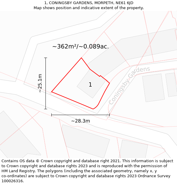 1, CONINGSBY GARDENS, MORPETH, NE61 6JD: Plot and title map