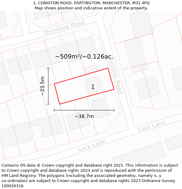 1, CONISTON ROAD, PARTINGTON, MANCHESTER, M31 4PQ: Plot and title map