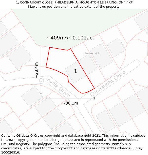 1, CONNAUGHT CLOSE, PHILADELPHIA, HOUGHTON LE SPRING, DH4 4XF: Plot and title map