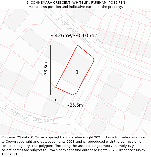 1, CONNEMARA CRESCENT, WHITELEY, FAREHAM, PO15 7BN: Plot and title map