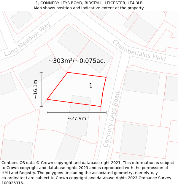 1, CONNERY LEYS ROAD, BIRSTALL, LEICESTER, LE4 3LR: Plot and title map