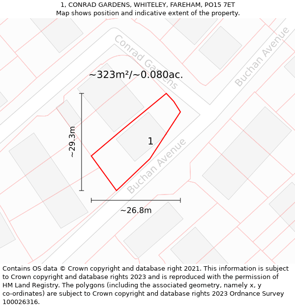 1, CONRAD GARDENS, WHITELEY, FAREHAM, PO15 7ET: Plot and title map