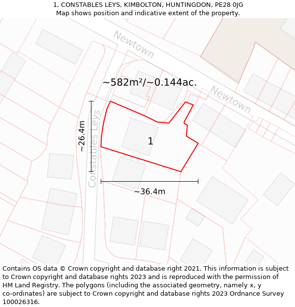 1, CONSTABLES LEYS, KIMBOLTON, HUNTINGDON, PE28 0JG: Plot and title map