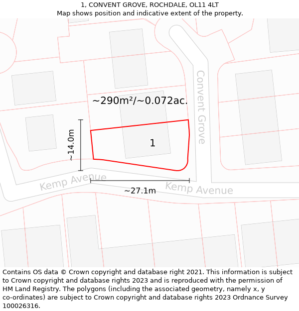 1, CONVENT GROVE, ROCHDALE, OL11 4LT: Plot and title map