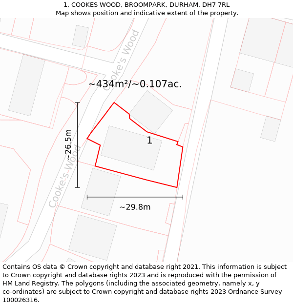 1, COOKES WOOD, BROOMPARK, DURHAM, DH7 7RL: Plot and title map