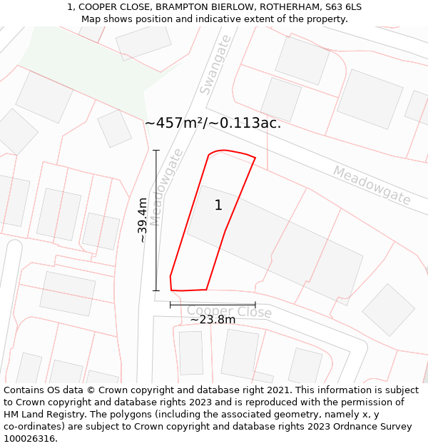 1, COOPER CLOSE, BRAMPTON BIERLOW, ROTHERHAM, S63 6LS: Plot and title map